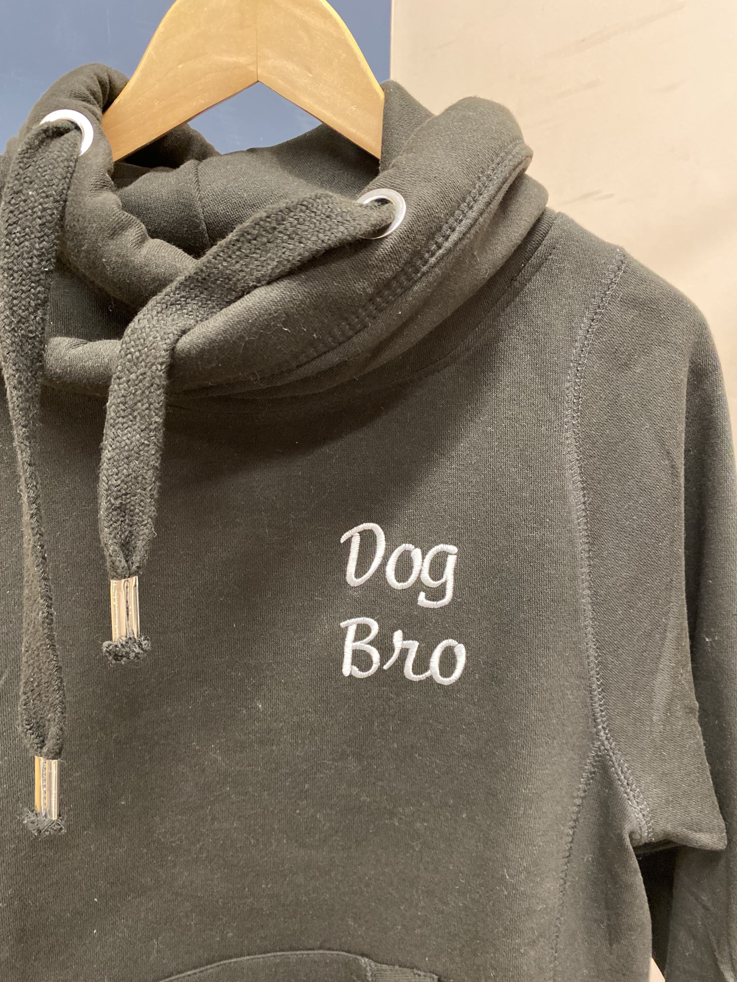 SUMMER SAMPLE SALE 'Dog Bro' Crossneck hoodie, Black with Light Grey Stitching, S