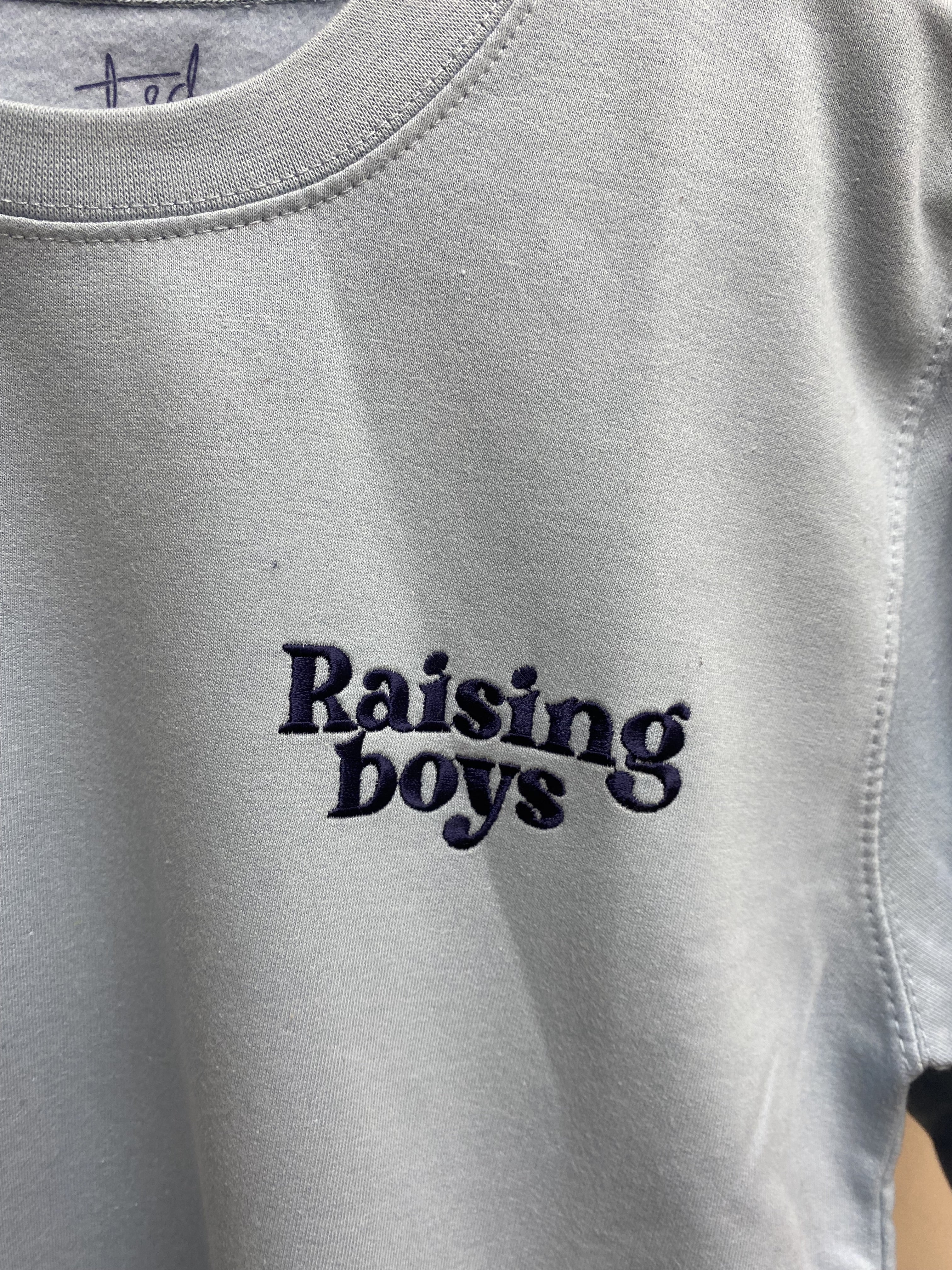 SUMMER SAMPLE SALE 'Raising Boys' baby blue sweater with navy stitching, M