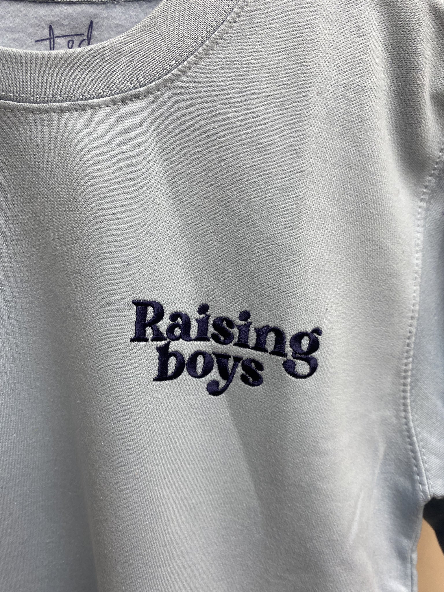 SAMPLE SALE 'Raising Boys' baby blue sweater with navy stitching, XS, S, M