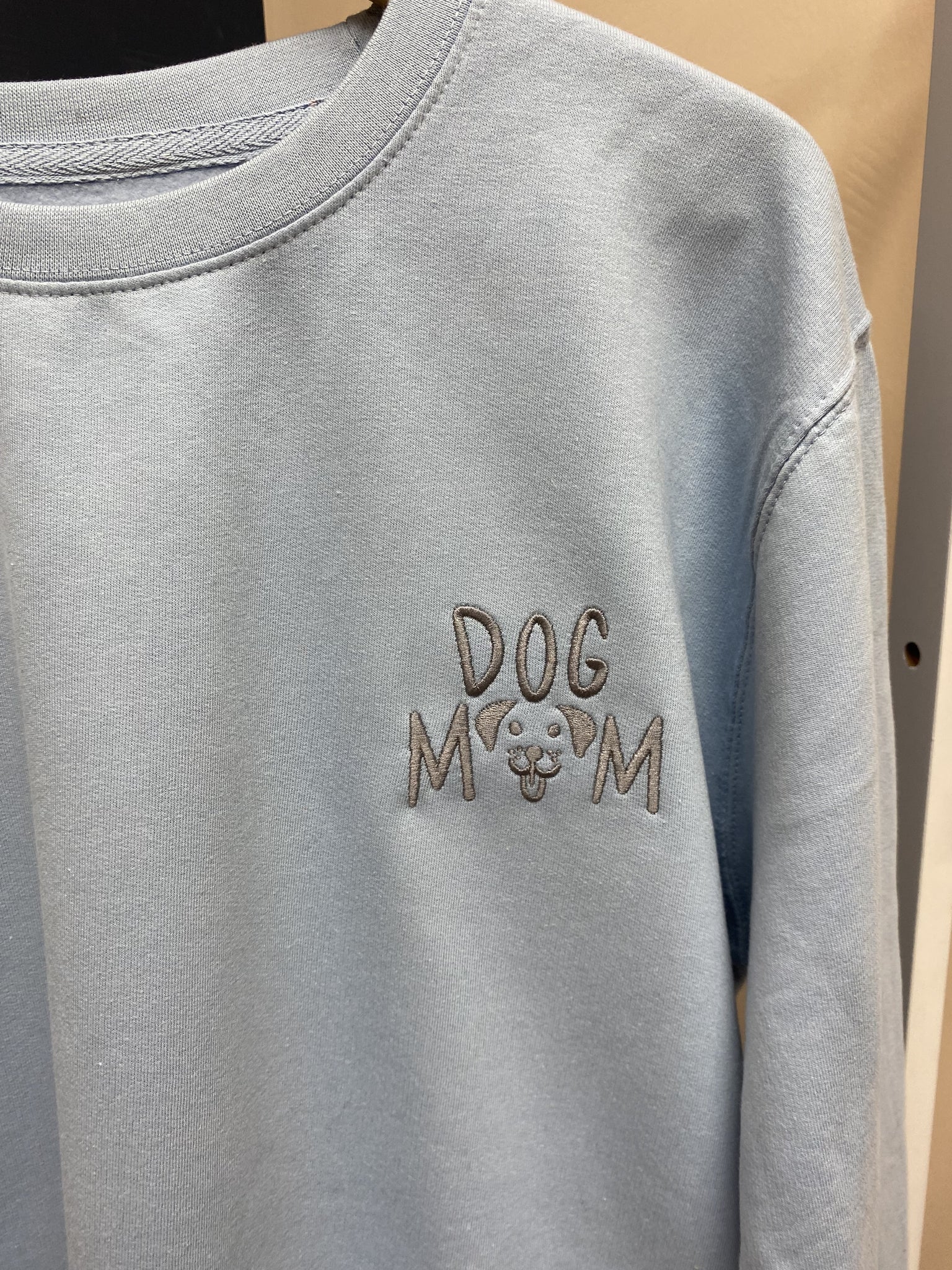 SAMPLE SALE 'Dog Mum' with face Sweater, Baby Blue with Dark Grey Stitching, ALL SIZES