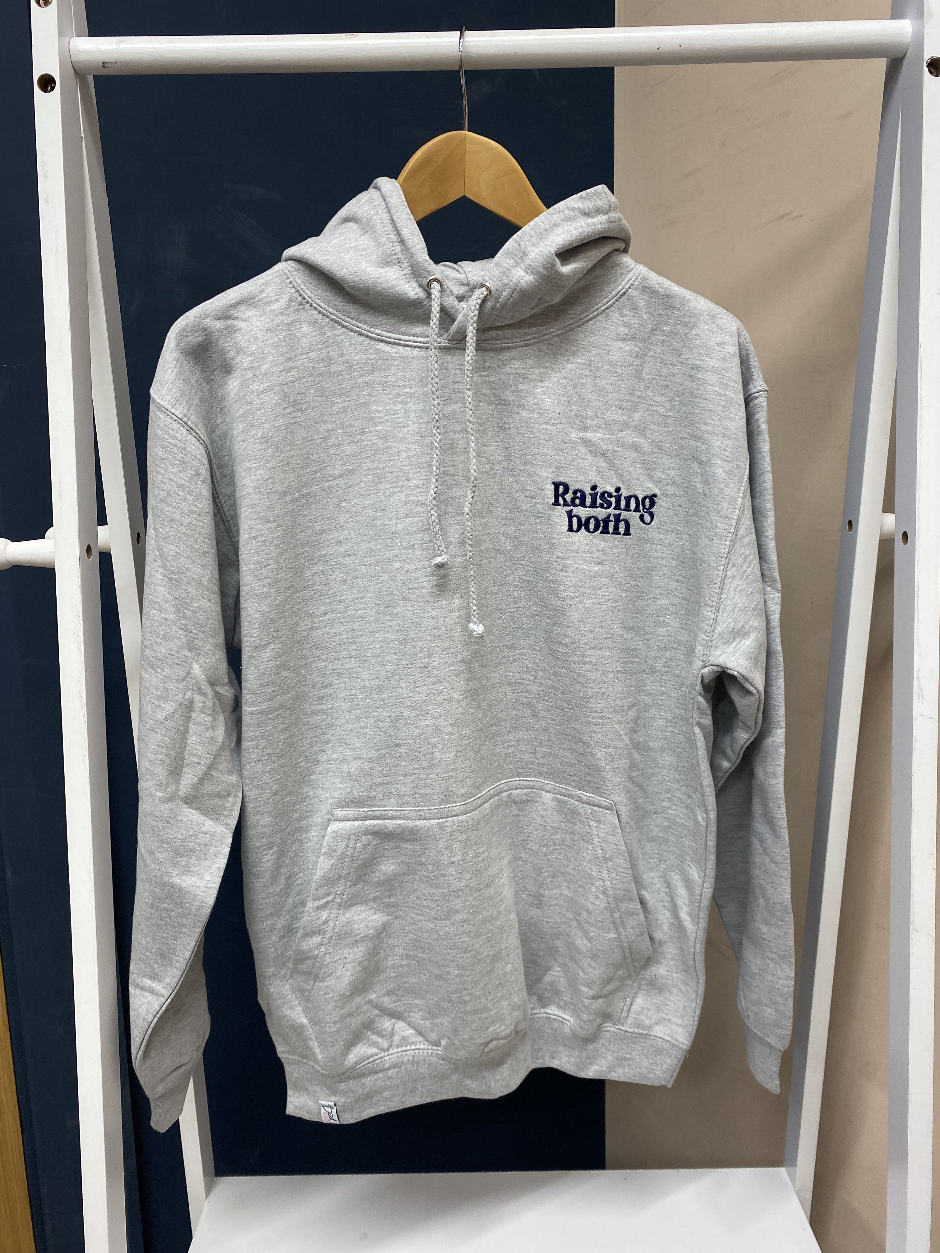 SUMMER SAMPLE SALE 'Raising Both' Grey Hoodie with Navy Stitching, L