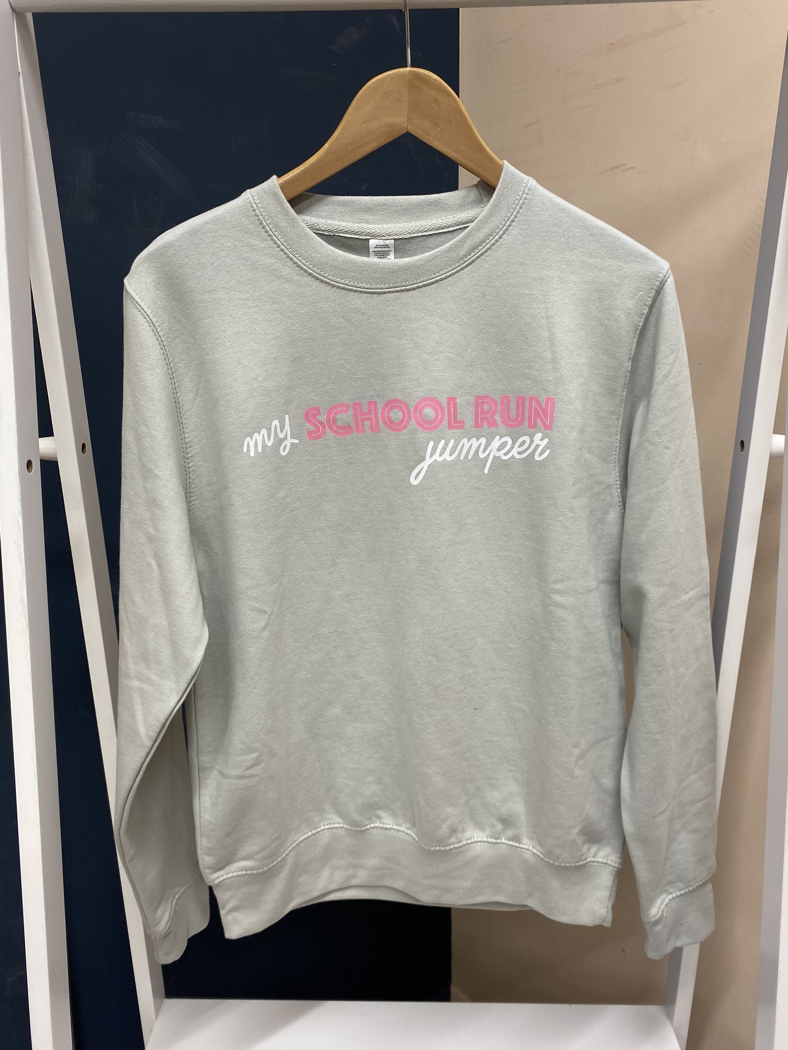 SAMPLE SALE 'My School Run Jumper' Sweater, Moondust Grey with Pink and White Vinyl, S. Discoloured sleeve
