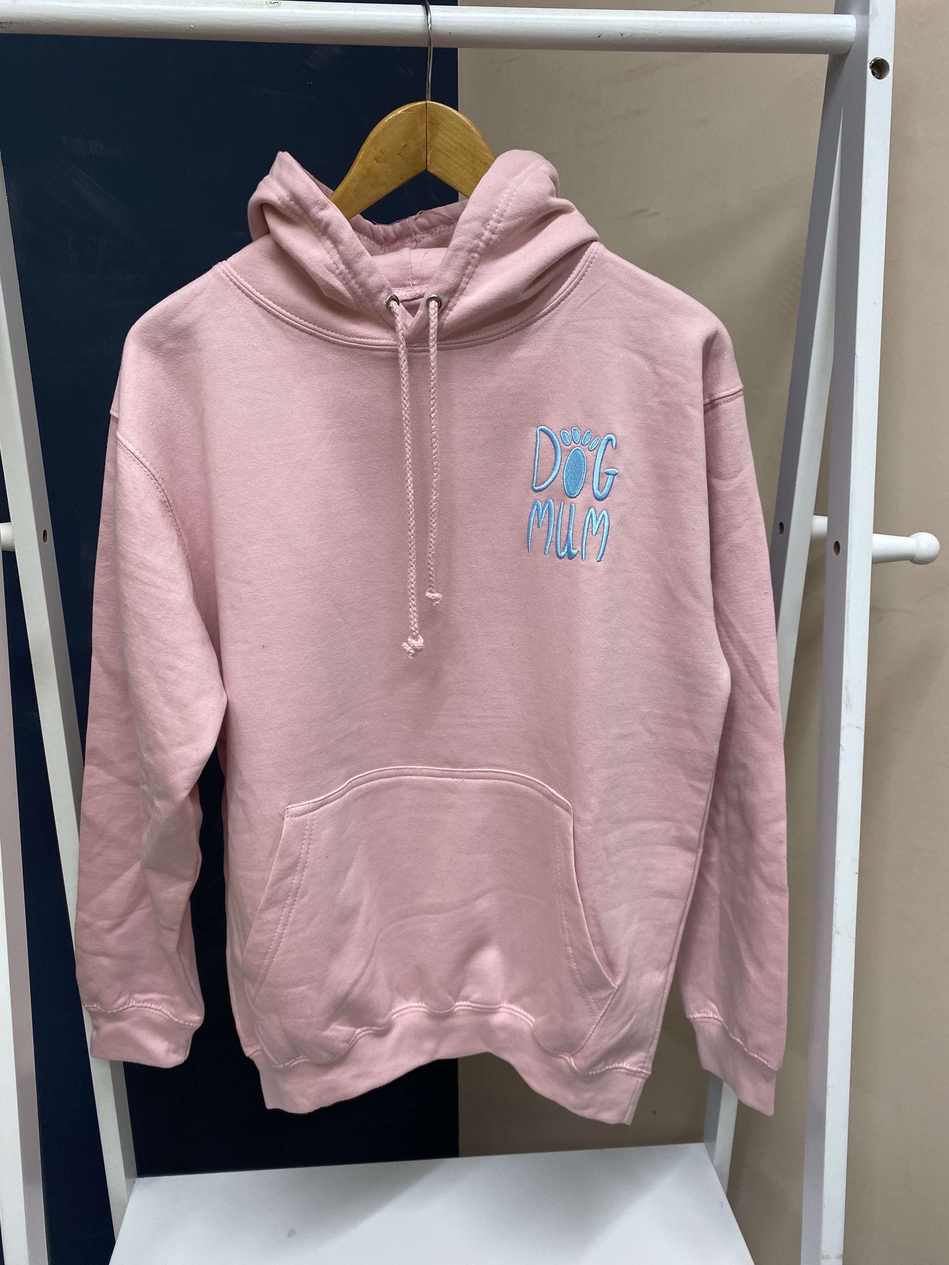 SUMMER SAMPLE SALE 'Dog Mum' with paw Baby Pink hoodie, with Baby Blue stitching, L
