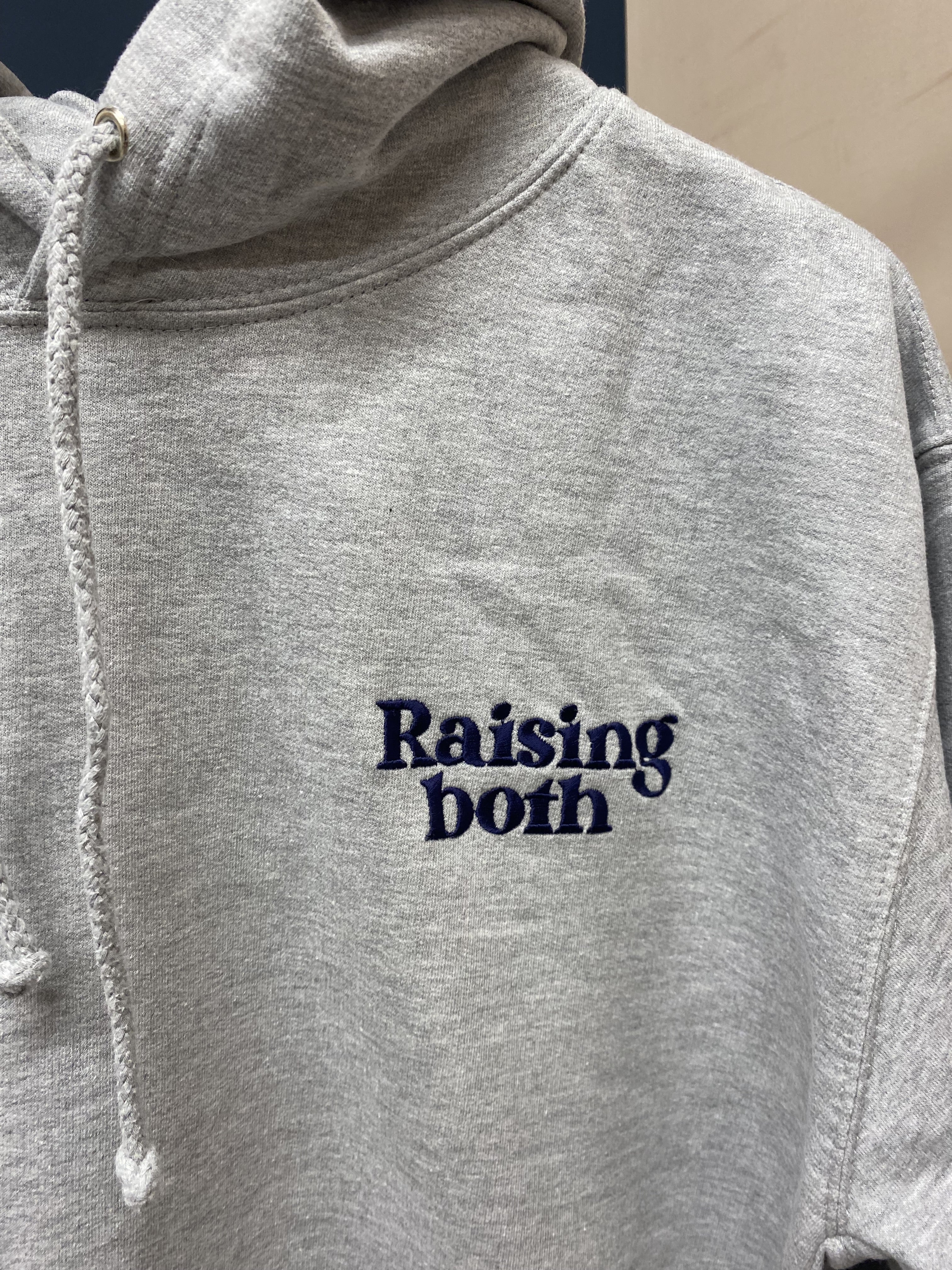 SUMMER SAMPLE SALE 'Raising Both' Grey Hoodie with Navy Stitching, L