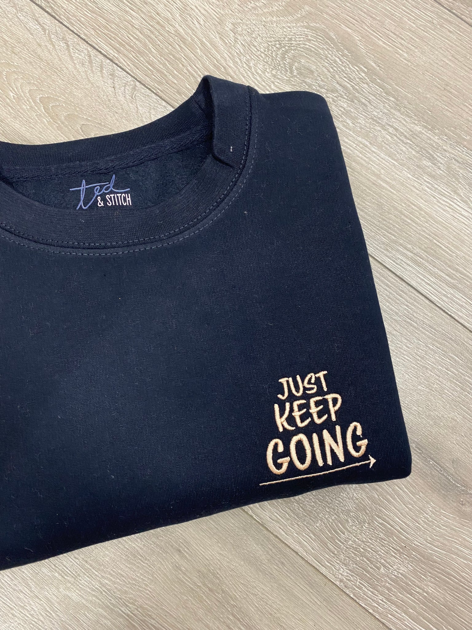 SAMPLE SALE 2024  'Just Keep Going' Navy Sweater, with Peach Stitching  XXL