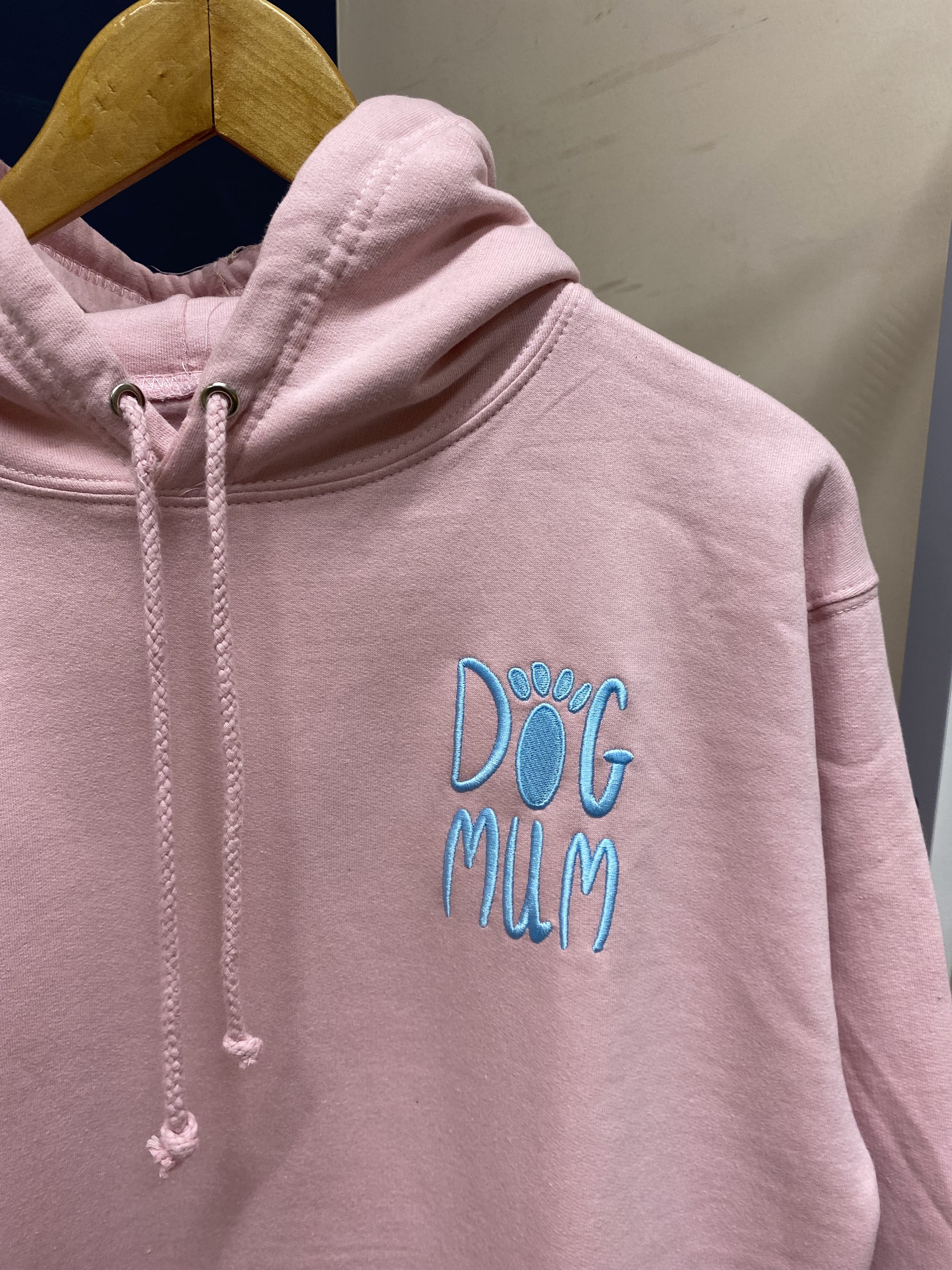 SUMMER SAMPLE SALE 'Dog Mum' with paw Baby Pink hoodie, with Baby Blue stitching, L