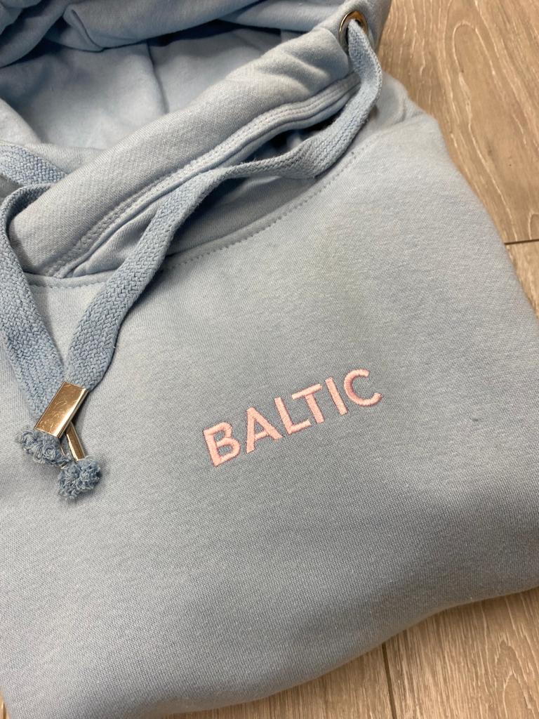 SAMPLE SALE Embroidered 'Baltic' Crossneck Hoodie, Baby Blue with Baby Pink Stitching Size S, M , L