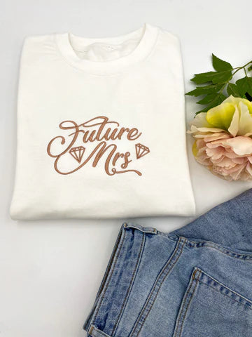 SAMPLE SALE 'Future Mrs' White Sweater with Rose Gold Stitching, S, M, L, XL, XXL