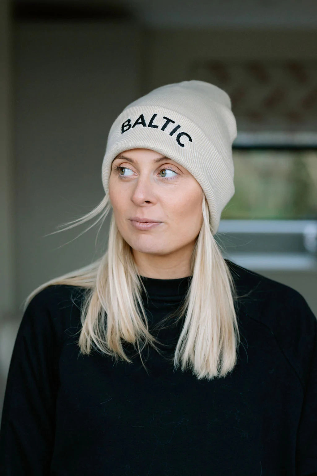 'Baltic' Beanie Hat, Nude with Black stitching