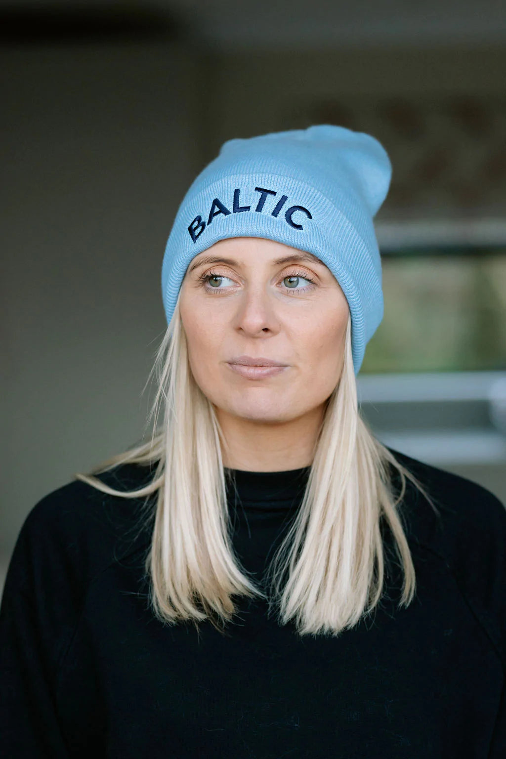 'Baltic' Beanie Hat, Baby Blue with Navy Stitching