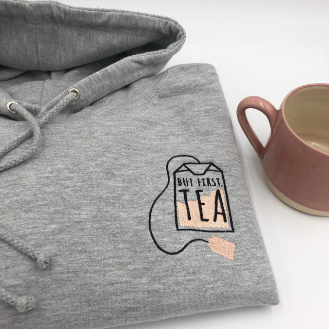 But First Tea Grey Hoodie | Ted & Stitch