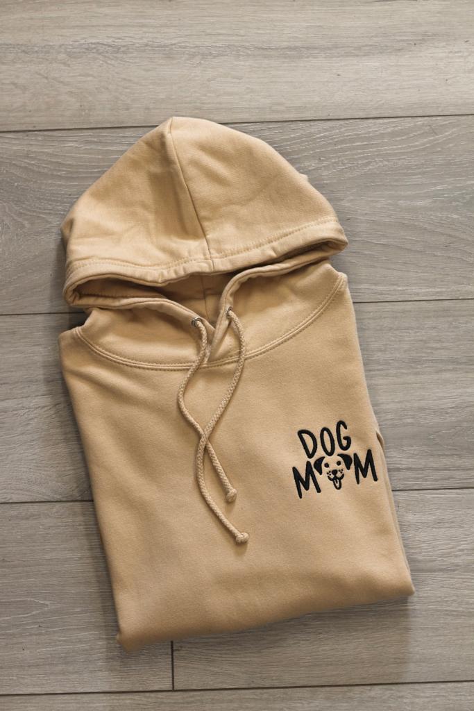 SUMMER SALE Dog Mum with dog face Hoodie, Nude with Black Stitching, XS, S, M