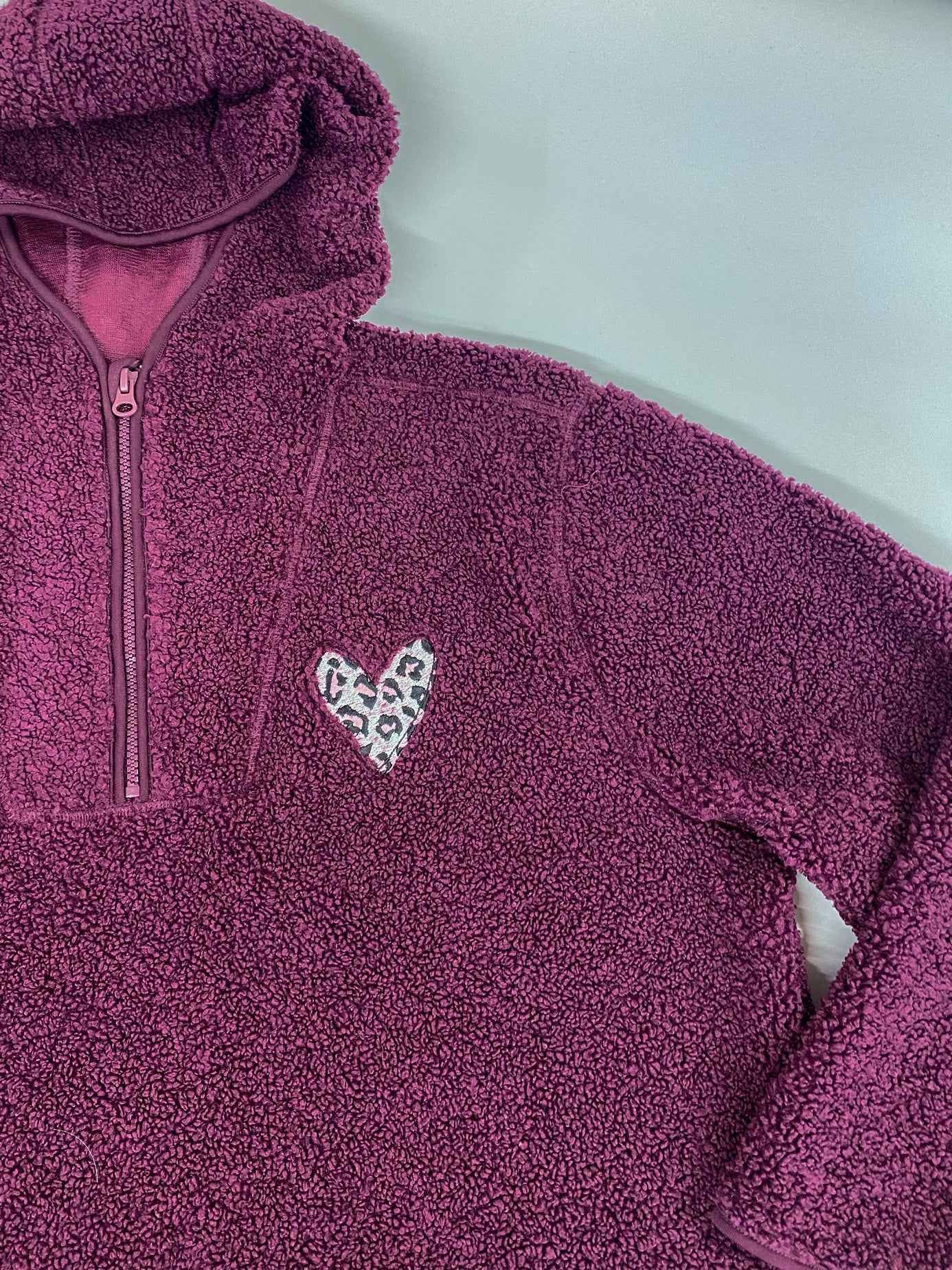 Sherpa 1/4 Zip Fleece with Hood and Leopard Print Heart