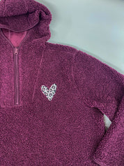 Sherpa 1/4 Zip Fleece with Hood and Leopard Print Heart