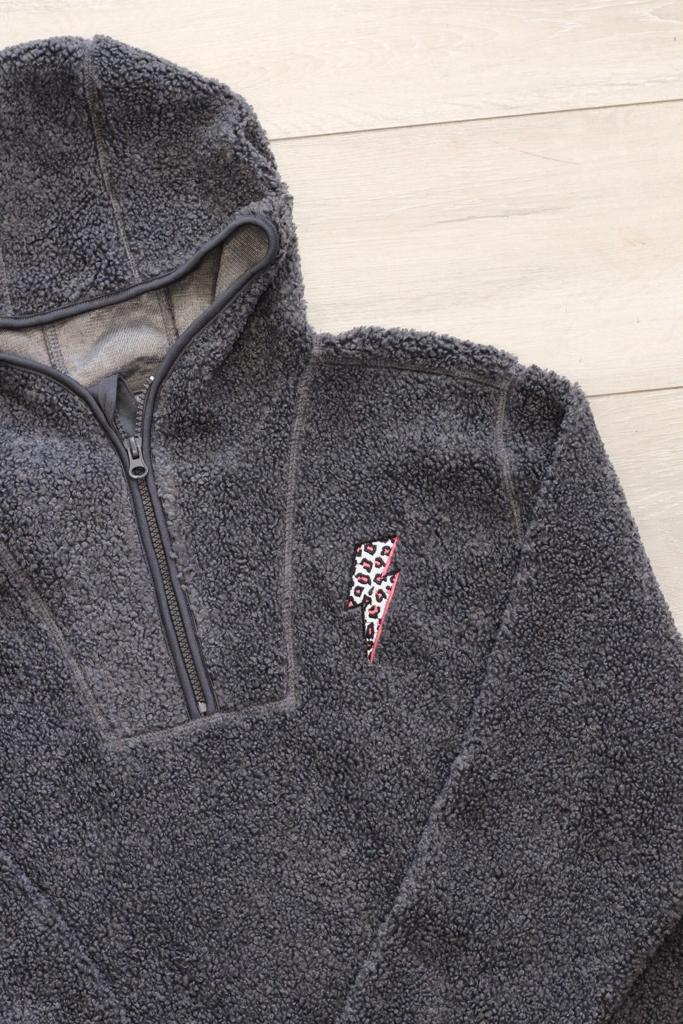 Sherpa 1/4 Zip Fleece with Hood and Leopard Print Lightening Bolt available in 3 colours